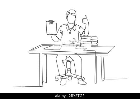 Single continuous line drawing young happy businessman show clipboard containing business contract and giving thumbs up gesture. Business deal concept Stock Photo