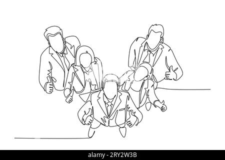 Single continuous line drawing group of line up young businessmen and businesswoman standing together giving thumbs up gesture or pose from top view. Stock Photo