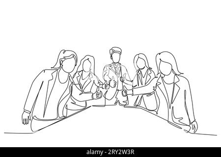 Single continuous line drawing group of young happy businessmen and businesswoman standing up together and giving thumbs up gesture. Business meeting. Stock Photo
