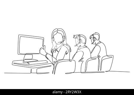 Single continuous line drawing group of male and female call center workers sitting in front of computer with thumbs up gesture. Customer service busi Stock Photo