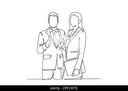 Single one line drawing group of young happy couple businessman and businesswoman standing up together with thumb up gesture. Business teamwork. Conti Stock Photo