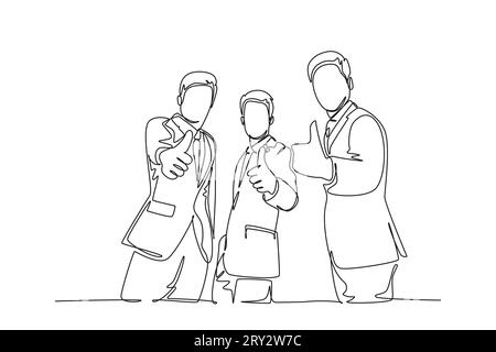 Single one line drawing group of young happy businessmen standing together and giving thumbs up gesture. Business owner teamwork concept. Modern conti Stock Photo