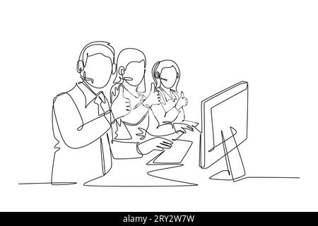 Single one line drawing group of male and female call center workers sitting in front of computer and giving thumbs up gesture. Customer service busin Stock Photo