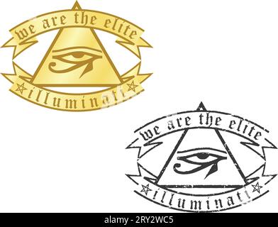 Two occult illuminati signs(golden and black). Eye of Horus in a triangle with ribbons Stock Vector
