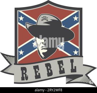 Emblem with rebel confederate officer, battle flag and ribbon Stock Vector