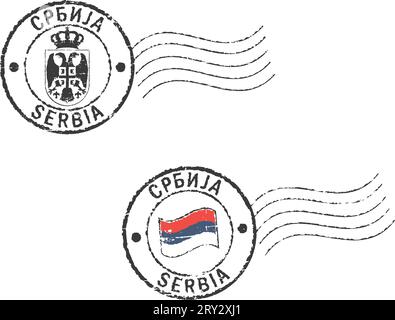 Two postal stamps 'Serbia'. Serbian (cyrillic) and english inscription. Stock Vector