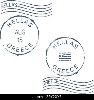 Set of postal grunge stamps 'Greece'. Greek and english inscription. Stock Vector