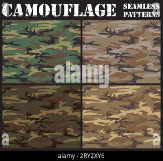 Set of camouflage seamless patterns. Woodland color scheme. Stock Vector