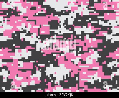 Feminine camouflage  seamless pattern. Digital (pixelated) texture. Pink, white and black color. Stock Vector