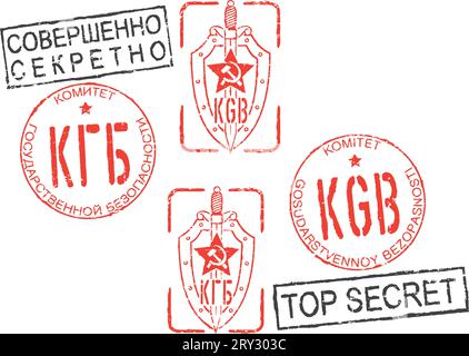 Set of KGB (Committee for State Security) and TOP SECRET stamps. Russian(cyrillic) and english inscription. White background. Stock Vector
