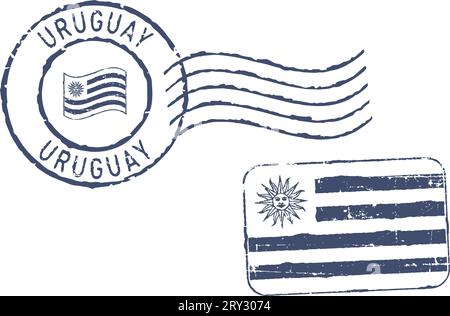 Two postal grunge stamps 'Uruguay'. White background. Stock Vector