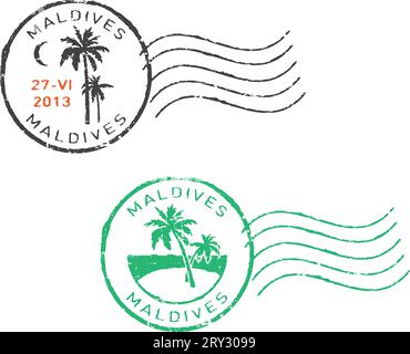 Two postal grunge stamps ''Maldives''. White background. Stock Vector