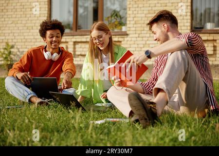 College students studying outdoors, having discussion and preparing for exams Stock Photo