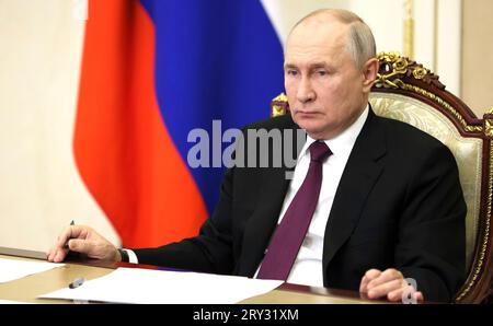 Moscow, Russia. 28th Sep, 2023. Russian President Vladimir Putin chairs a video conference with 26 newly elected regional leaders from the Kremlin, September 28, 2023 in Moscow, Russia. Credit: Mikhail Metzel/Kremlin Pool/Alamy Live News Stock Photo