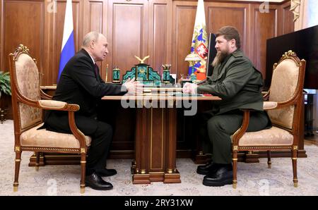 Moscow, Russia. 28th Sep, 2023. Russian President Vladimir Putin, left, speaks with Chechen leader Ramzan Kadyrov, right, during a face-to-face working meeting at the Kremlin, September 28, 2023 in Moscow, Russia. Credit: Mikhail Metzel/Kremlin Pool/Alamy Live News Stock Photo