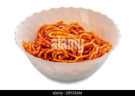 Bucatini pasta with tomato sauce in ceramic serving tureen isolated on white with clipping path included Stock Photo
