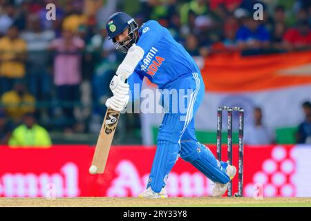 India's Jasprit Bumrah playing a shot during the Asia Cup 2023 one-day international (ODI) cricket match between India and Pakistan Stock Photo