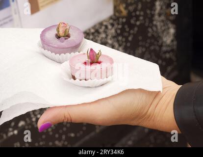 Womans hand showing mini cheesecakes bought at the farmers market in Prague Stock Photo
