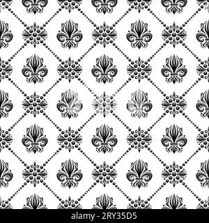 Vector Fleur de Lis Seamless Pattern, repeating background with illustrations of lattice pattern and fleur de lis symbols in rhombus cells, square pos Stock Vector