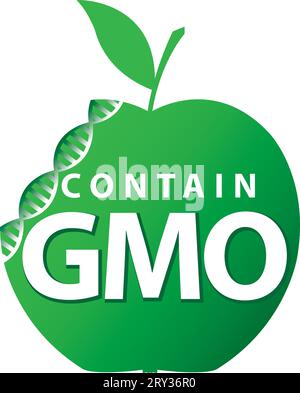 Green apple with dnk chain.Contain gmo.Vector label Stock Vector