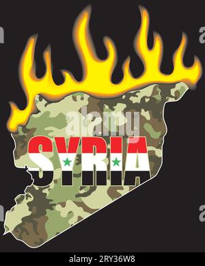 Camouflage map of Syria in flames.Civil war concept Stock Vector