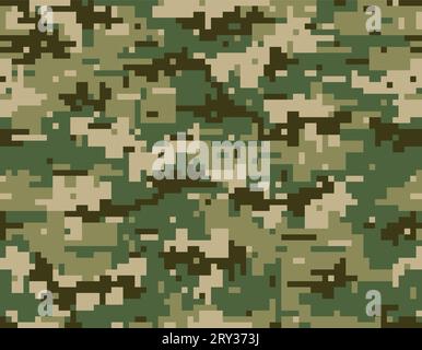 Camouflage seamless pattern. Four green shades. Woodland style and digital (pixels) forms. Stock Vector
