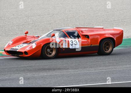 Scarperia, 2 April 2023: Lola T70 Mk III B year 1967 in action during Mugello Classic 2023 at Mugello Circuit in Italy. Stock Photo