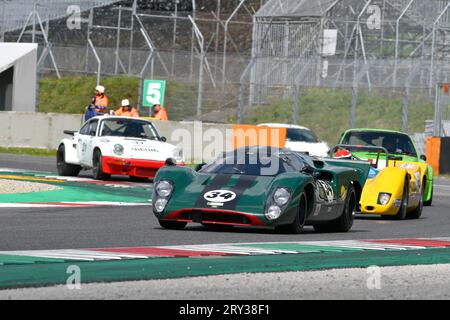 Scarperia, 2 April 2023: Lola T70 Mk III B year 1969 in action during Mugello Classic 2023 at Mugello Circuit in Italy. Stock Photo