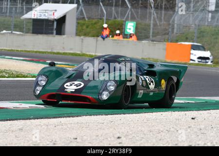 Scarperia, 2 April 2023: Lola T70 Mk III B year 1969 in action during Mugello Classic 2023 at Mugello Circuit in Italy. Stock Photo