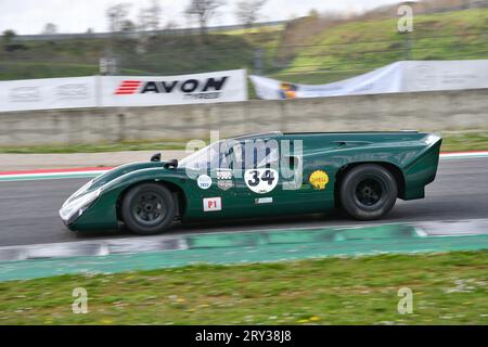 Scarperia, 2 April 2023: Lola T70 Mk III B year 1969 in action during Mugello Classic 2023 at Mugello Circuit in Italy. Stock Photo