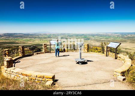 Lone female senior tourist; Park Point Overlook; Mesa Verde National Park; Colorado; USA Stock Photo