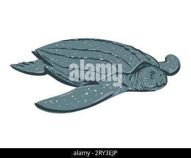 WPA poster art of a leatherback sea turtle, Dermochelys coriacea, lute turtle, leathery turtle viewed from front done in works project administration Stock Photo