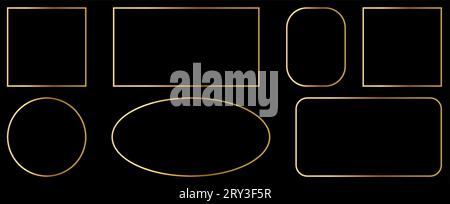Gold shiny glowing frames set. Pack of luxury realistic square, round, oval borders. Vector illustration Stock Vector