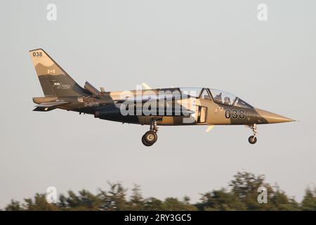 Civilian Alpha Jet from Canadian company, Top Aces landing at RAF Lakenheath after completing a training sortie with USAF F-15s. Stock Photo