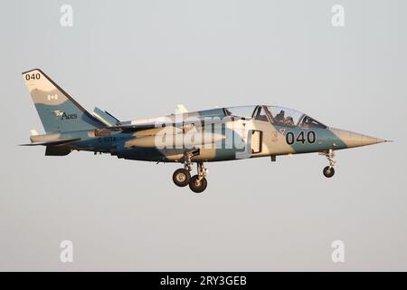 Civilian Alpha Jet from Canadian company, Top Aces landing at RAF Lakenheath after completing a training sortie with USAF F-15s. Stock Photo