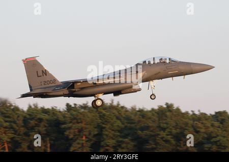 48th Fighter Wing F-15Es landing at RAF Lakenheath following a summer evening sortie. Stock Photo