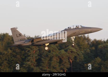 48th Fighter Wing F-15Es landing at RAF Lakenheath following a summer evening sortie. Stock Photo