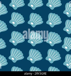 Hand drawn seamless square pattern with blue sea shell. Vector ocean themed design. Stock Vector