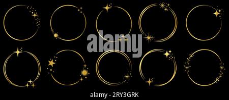 Set of gold star circle frames. Vector illustration isolated on black background Stock Vector
