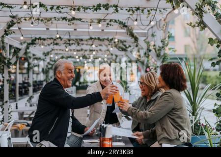 Cheerful male and female senior friends toasting drinks at restaurant Stock Photo
