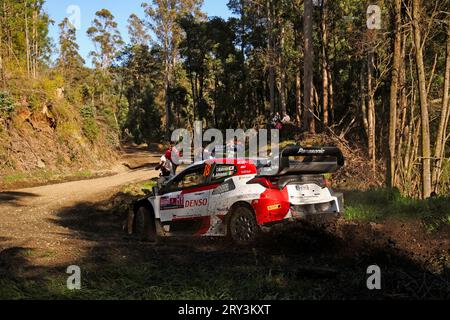 Los Angeles, Chili. 28th Sep, 2023. 18 Takamoto KATSUTA (JPN), Aaron JOHNSTON (IRL), TOYOTA GAZOO RACING WRT, TOYOTA GR Yaris Rally1 Hybrid, WRC, action during the Chile Rally 2023, 11th round of the 2023 WRC World Rally Car Championship, from September 28 to October 1st, 2023 in Los Angeles, Chile - Photo Sophie Graillon/DPPI Credit: DPPI Media/Alamy Live News Stock Photo