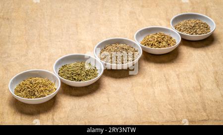 herb spices - dried leaves of parsley, rosemary, thyme, basil and oregano, collection of small ceramic bowls on a textured bark paper Stock Photo