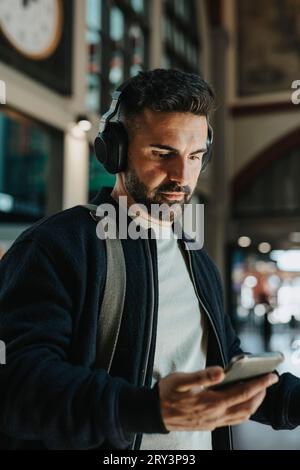 Man wearing bluetooth headphones holding smart phone at station Stock Photo