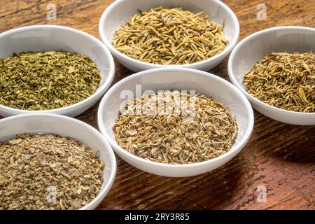 herb spices - dried leaves of parsley, rosemary, thyme, oregano and basil, collection of small ceramic bowls on a rustic wood Stock Photo