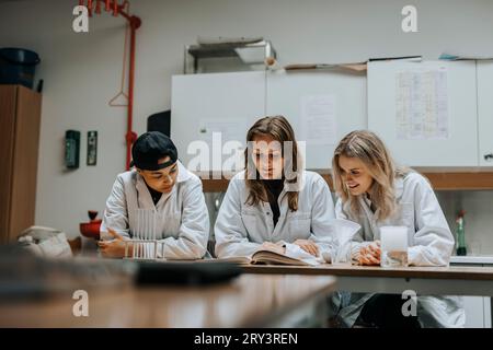 Young multiracial students studying at desk in laboratory Stock Photo