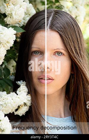 The face of a young girl with frequency processing of one half of the face and without processing the second half of the face, example photo before an Stock Photo
