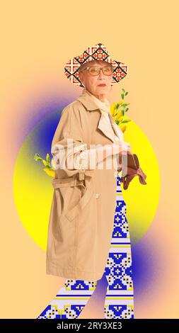 Elegant senior woman wearing stylish trench coat, hat an pants with ornament design over yellow background. Contemporary art collage. Stock Photo