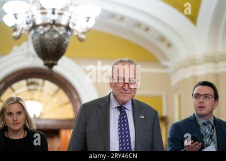 Washington, United States. 28th Sep, 2023. Senate Majority Leader Chuck Schumer, D-NY, leaves the Senate floor for a meeting with Sen. Bob Menendez, D-NJ, at the U.S. Capitol in Washington, DC on Thursday, September 28, 2023. Menendez addressed Senate Democrats in a caucus meeting one day after being arraigned on federal bribery charges in New York City. Photo by Bonnie Cash/UPI Credit: UPI/Alamy Live News Stock Photo