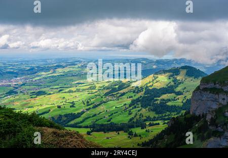 The view from Hoher Kasten through the clouds to the plain of the Appenzell region Stock Photo