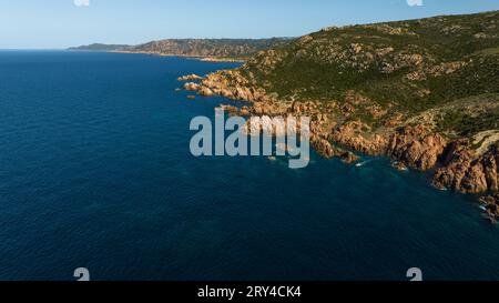 The coastline of the north-west of Sardinia. Di Cala Beach near Canneddi. Photos taken with a drone. End of September, Sardinia, Italy. Stock Photo